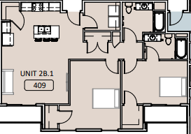 Floor plan for 2 beds, 2 baths, 1228 sqft